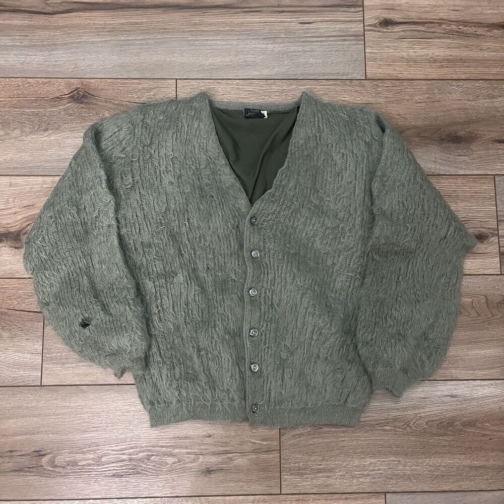 Vintage Sears Fashion Collection Green Mohair Blend Cardigan Sweater Men's L